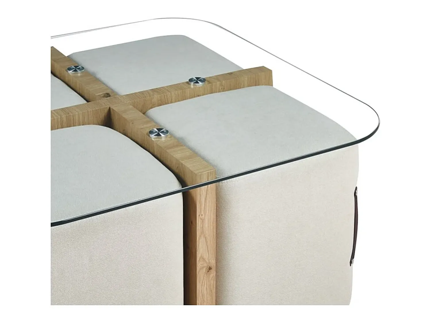 Mesa De Centro|Meublorama Mesa de centro QUADORA – Quadrada 90x90 cm – Vidro & carvalho envelhecido – Com 4 pufes brancos – Design prático e elegante Castanho