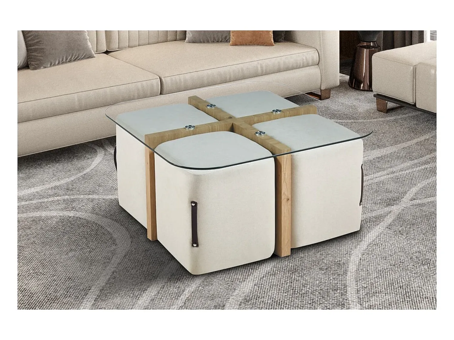 Mesa De Centro|Meublorama Mesa de centro QUADORA – Quadrada 90x90 cm – Vidro & carvalho envelhecido – Com 4 pufes brancos – Design prático e elegante Castanho