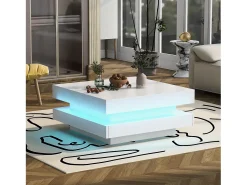 Mesa De Centro|Merax Mesa de centro quadrada - 70 x 70 x 36 cm - com LEDs de 16 cores - aglomerado - Branco