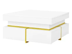Hot Mesa de centro quadrada - Mesa de centro branca com 2 gavetas - Acabamento dourado - para sala de estar e escritório Branco