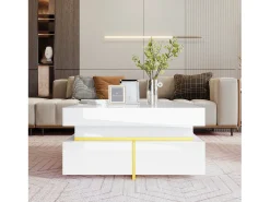 Hot Mesa de centro quadrada - Mesa de centro branca com 2 gavetas - Acabamento dourado - para sala de estar e escritório Branco