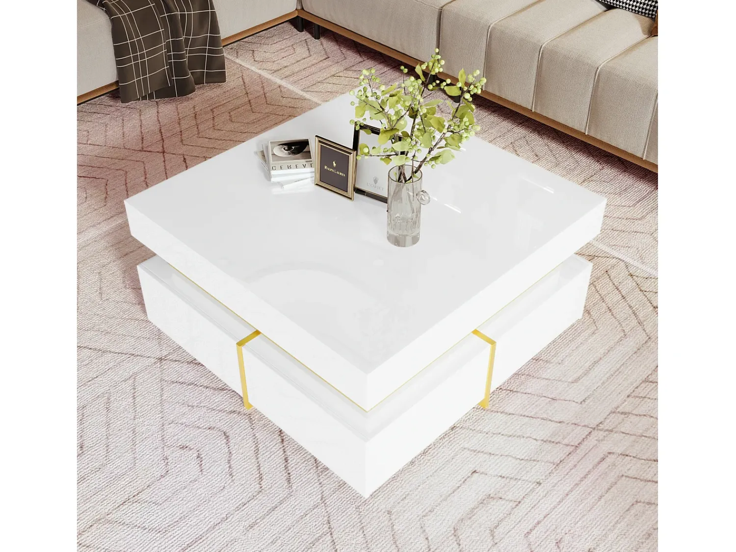 Mesa De Centro*Merax Mesa de centro quadrada alto brilho com 2 gavetas - Aglomerado - Cor branca Branco