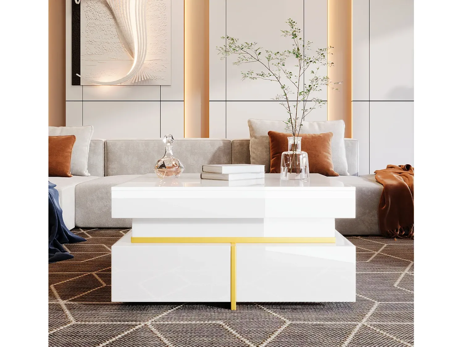 Mesa De Centro*Merax Mesa de centro quadrada alto brilho com 2 gavetas - Aglomerado - Cor branca Branco