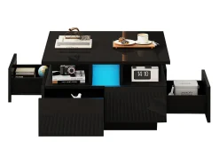 Mesa De Centro|ModernLuxe Mesa de centro quadrada brilhante 70×70×40 cm - com iluminação LED - 4 gavetas - Preto