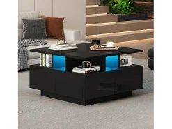 Mesa De Centro|ModernLuxe Mesa de centro quadrada brilhante 70×70×40 cm - com iluminação LED - 4 gavetas - Preto