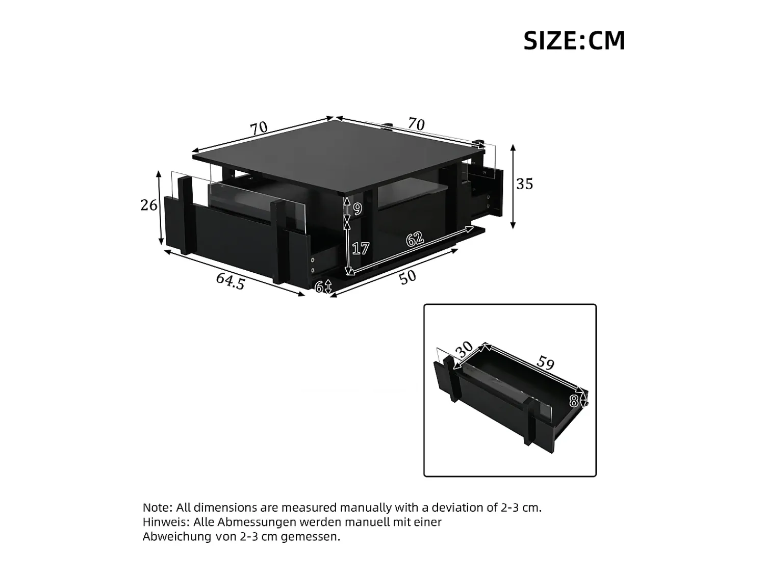Mesa De Centro*ModernLuxe Mesa de centro quadrada brilhante 70x70x35 cm - con 2 gavetas - iluminação LED e prateleira de acrílico - painéis de partículas - Preto