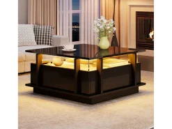 Mesa De Centro*ModernLuxe Mesa de centro quadrada brilhante 70x70x35 cm - con 2 gavetas - iluminação LED e prateleira de acrílico - painéis de partículas - Preto