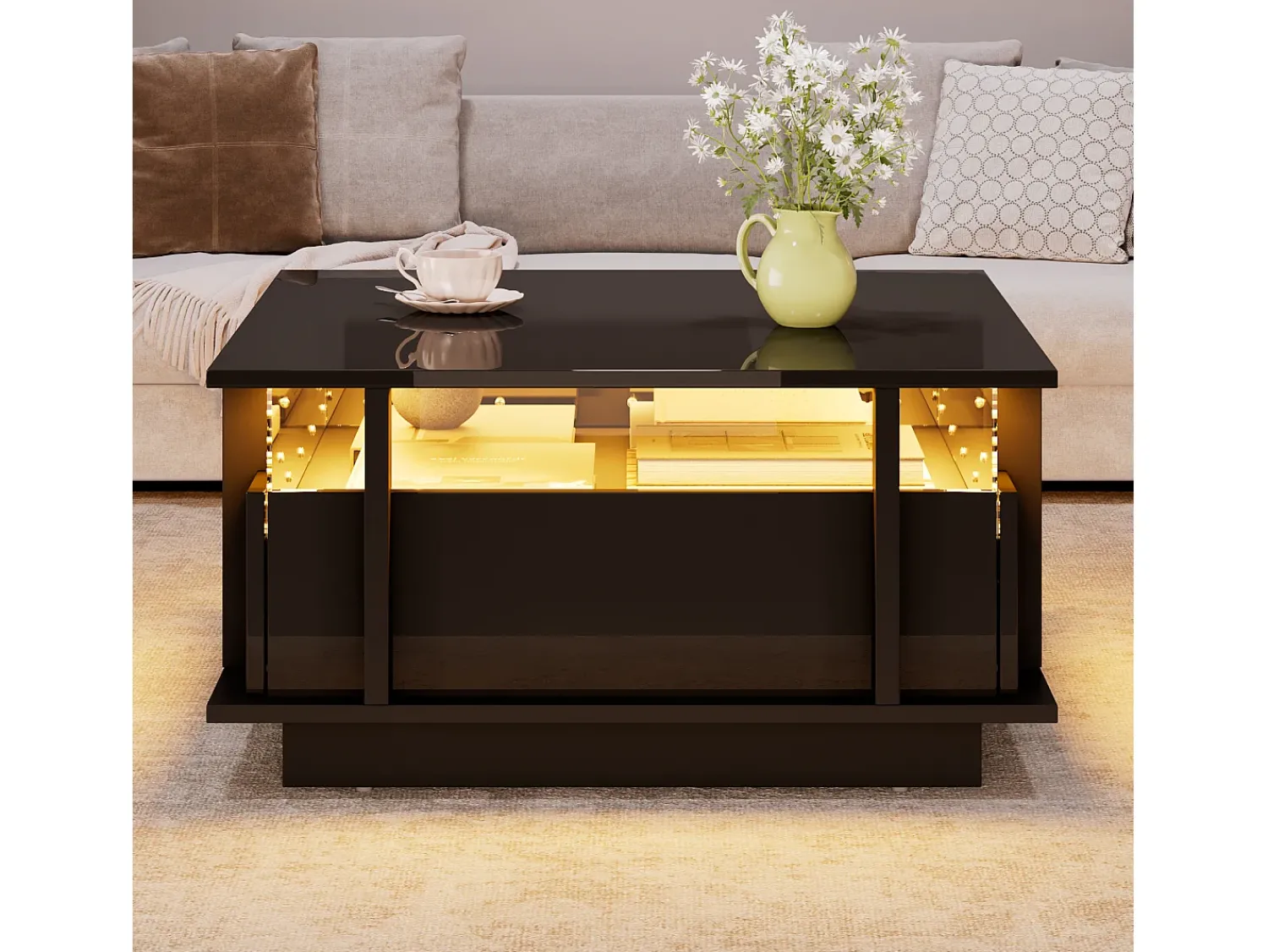 Mesa De Centro*ModernLuxe Mesa de centro quadrada brilhante 70x70x35 cm - con 2 gavetas - iluminação LED e prateleira de acrílico - painéis de partículas - Preto