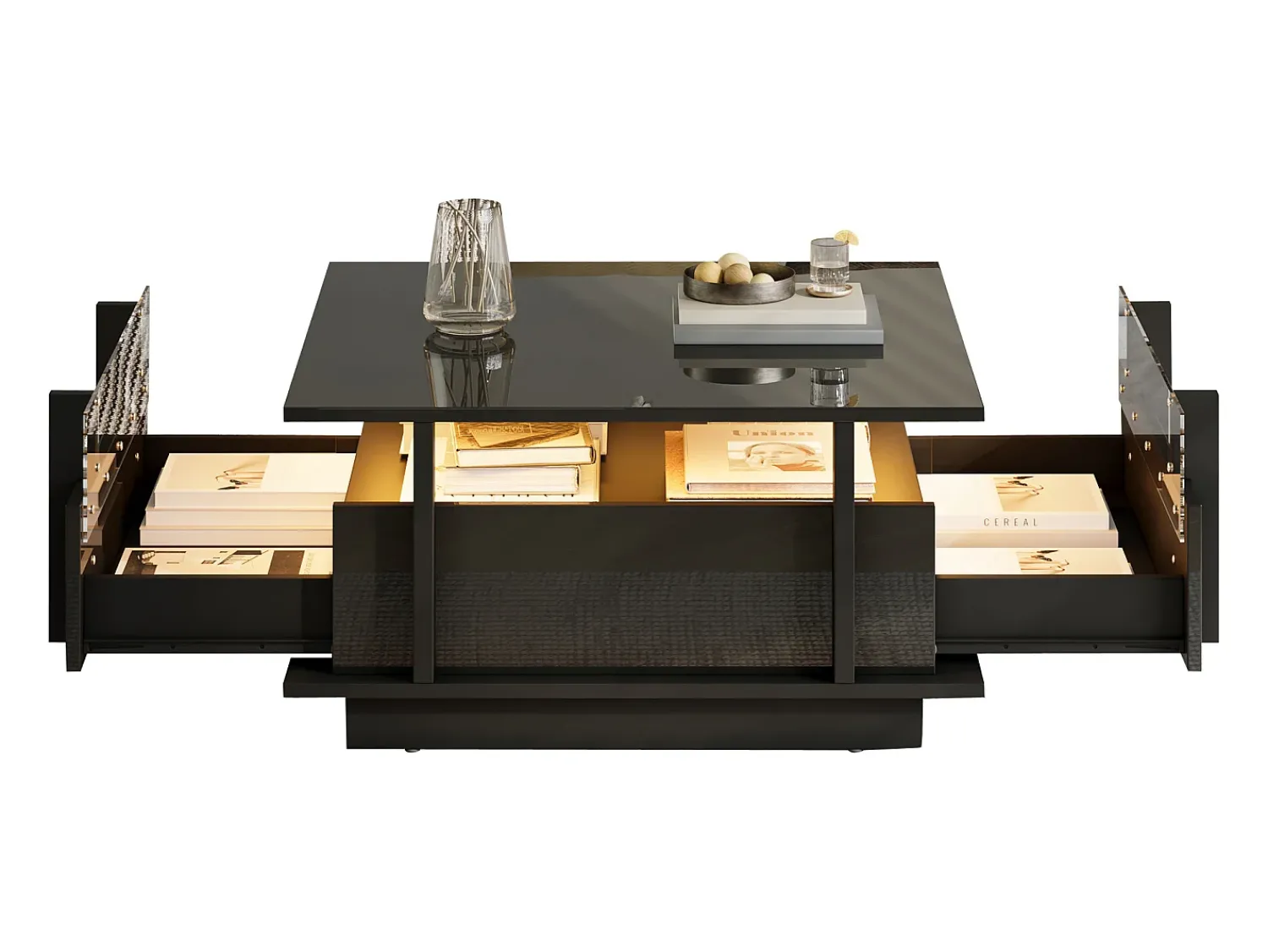 Mesa De Centro*ModernLuxe Mesa de centro quadrada brilhante 70x70x35 cm - con 2 gavetas - iluminação LED e prateleira de acrílico - painéis de partículas - Preto
