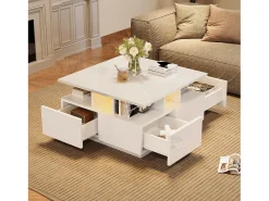 ModernLuxe Mesa de centro quadrada brilhante 70×70×40 cm - com iluminação LED - 4 gavetas -^ Mesa De Centro