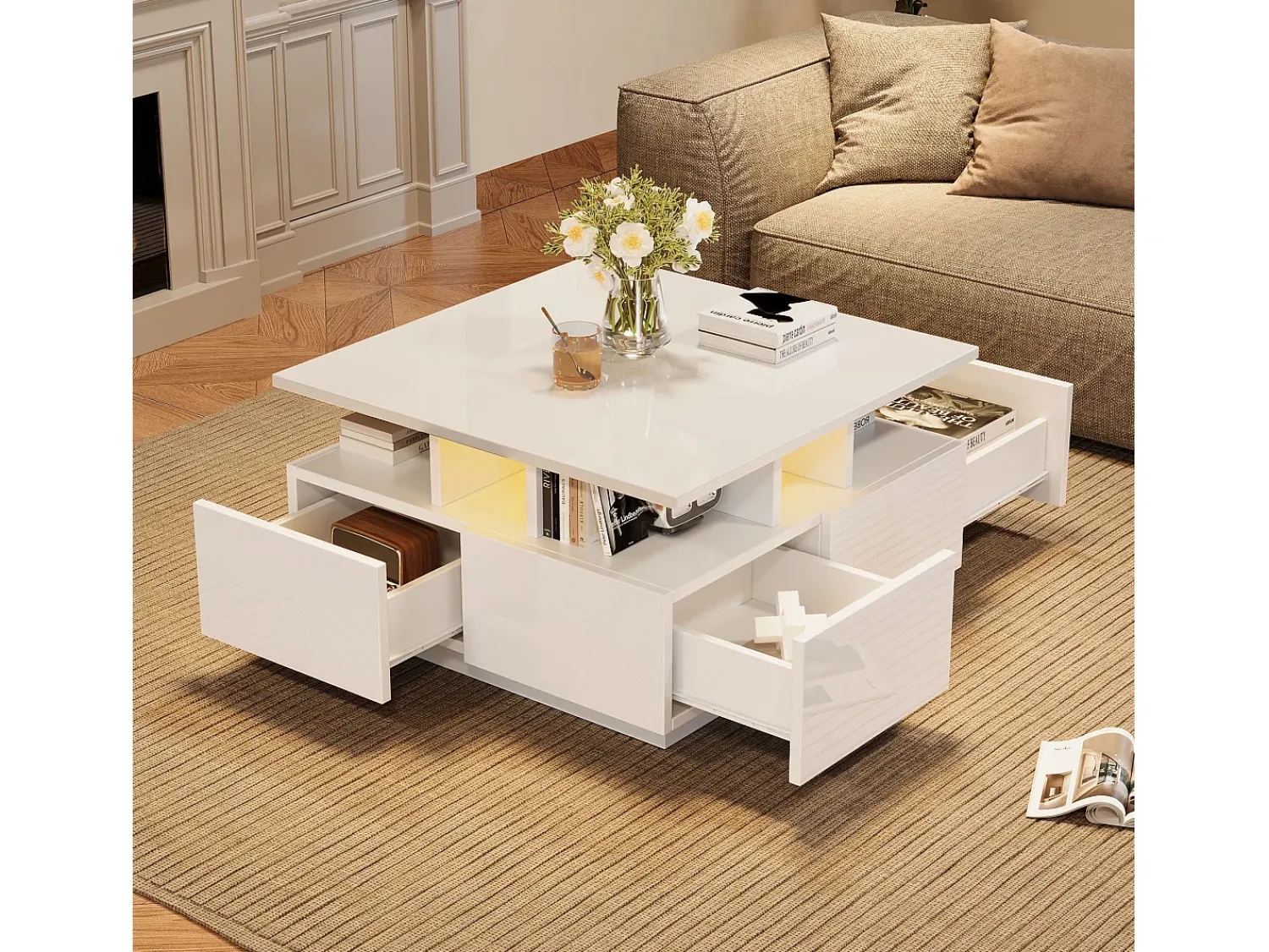 ModernLuxe Mesa de centro quadrada brilhante 70×70×40 cm - com iluminação LED - 4 gavetas -^ Mesa De Centro
