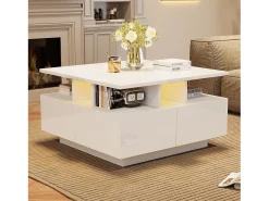 ModernLuxe Mesa de centro quadrada brilhante 70×70×40 cm - com iluminação LED - 4 gavetas -^ Mesa De Centro