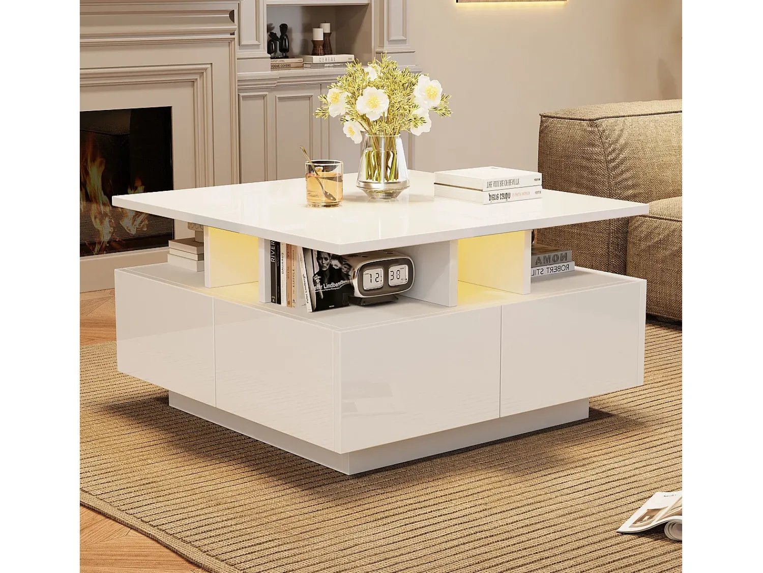 ModernLuxe Mesa de centro quadrada brilhante 70×70×40 cm - com iluminação LED - 4 gavetas -^ Mesa De Centro