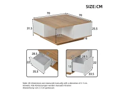 Hauss Spole Mesa de centro quadrada branca e nogueira com 3 gavetas, acabamento em madeira 70 x 70 x 31,5 cm^ Mesa De Centro