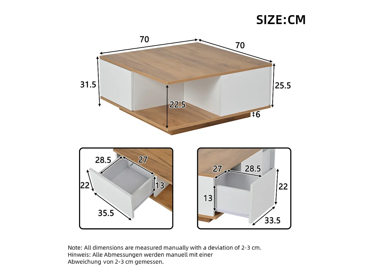 Hauss Spole Mesa de centro quadrada branca e nogueira com 3 gavetas, acabamento em madeira 70 x 70 x 31,5 cm^ Mesa De Centro