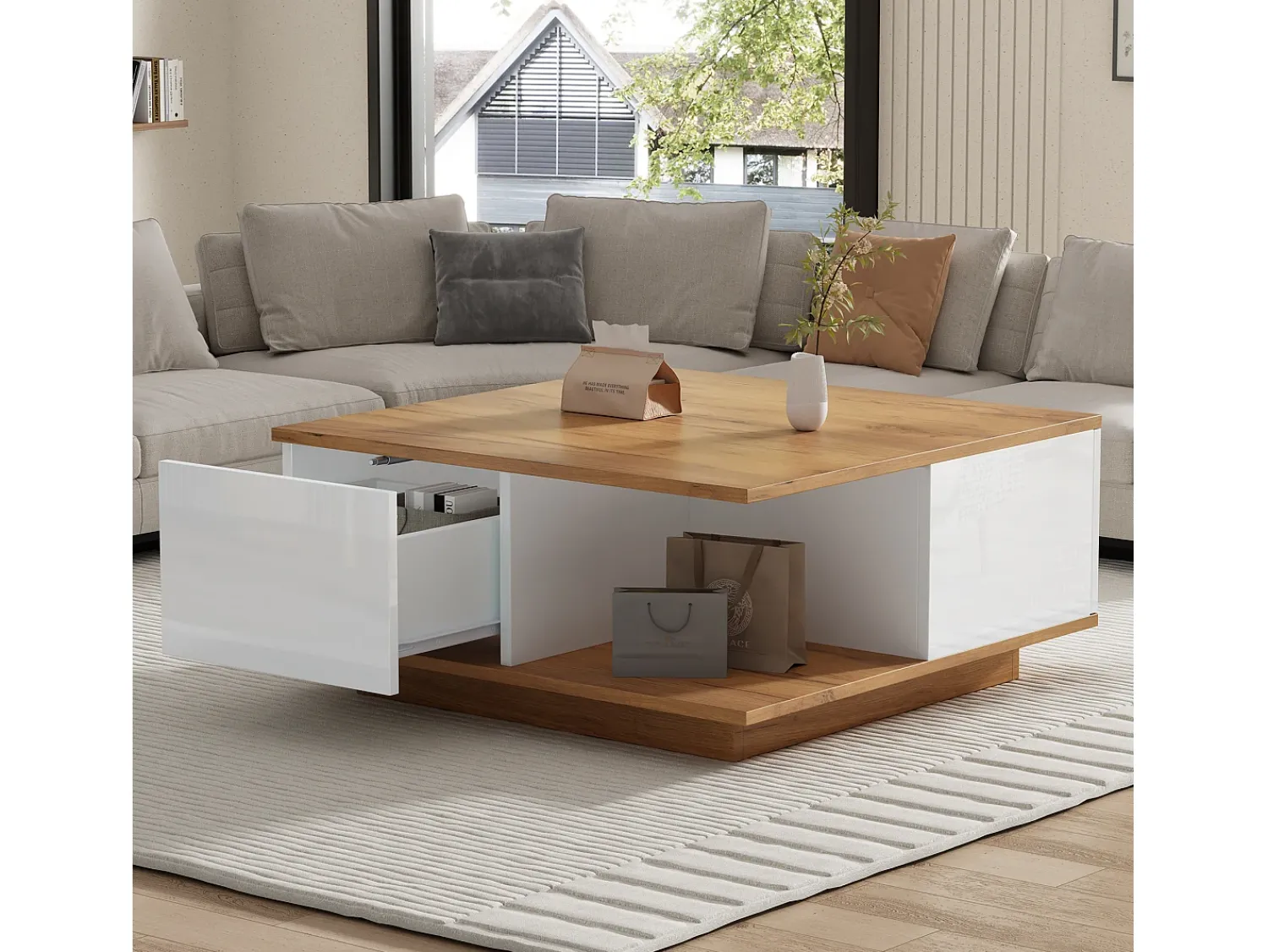 Hauss Spole Mesa de centro quadrada branca e nogueira com 3 gavetas, acabamento em madeira 70 x 70 x 31,5 cm^ Mesa De Centro