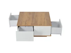 Hauss Spole Mesa de centro quadrada branca e nogueira com 3 gavetas, acabamento em madeira 70 x 70 x 31,5 cm^ Mesa De Centro