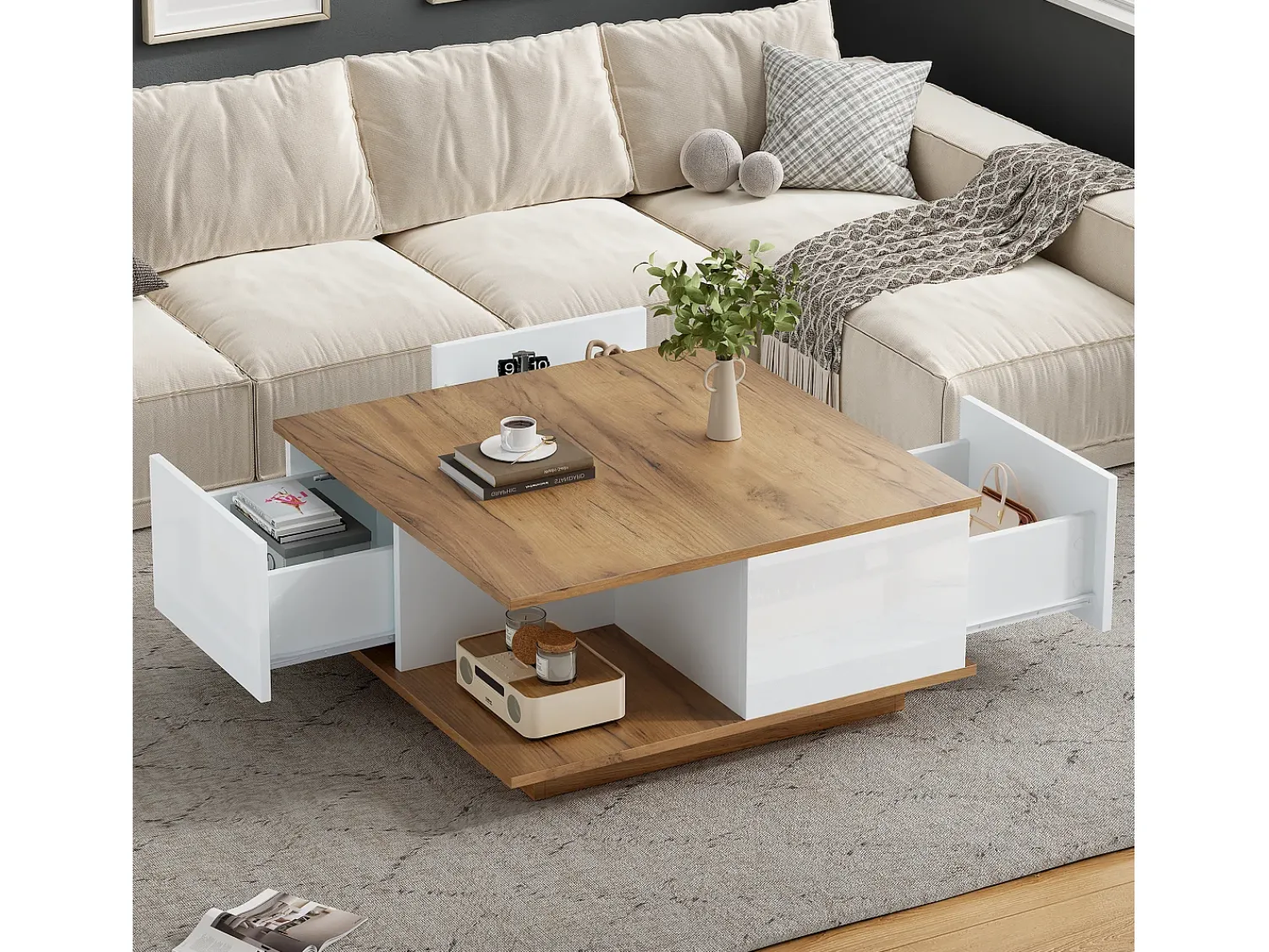Hauss Spole Mesa de centro quadrada branca e nogueira com 3 gavetas, acabamento em madeira 70 x 70 x 31,5 cm^ Mesa De Centro