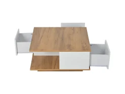 Hauss Spole Mesa de centro quadrada branca e nogueira com 3 gavetas, acabamento em madeira 70 x 70 x 31,5 cm^ Mesa De Centro