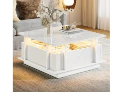 Mesa De Centro|ModernLuxe Mesa de centro quadrada brilhante 70x70x35 cm - con 2 gavetas - iluminação LED e prateleira de acrílico - painéis de partículas - Branco