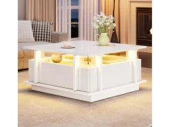 Mesa De Centro|ModernLuxe Mesa de centro quadrada brilhante 70x70x35 cm - con 2 gavetas - iluminação LED e prateleira de acrílico - painéis de partículas - Branco
