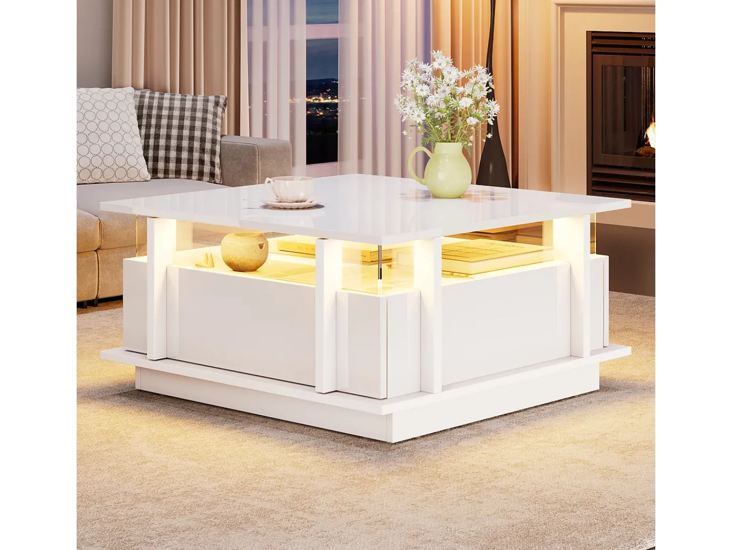 Mesa De Centro|ModernLuxe Mesa de centro quadrada brilhante 70x70x35 cm - con 2 gavetas - iluminação LED e prateleira de acrílico - painéis de partículas - Branco