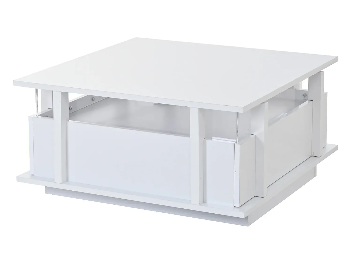 Mesa De Centro|ModernLuxe Mesa de centro quadrada brilhante 70x70x35 cm - con 2 gavetas - iluminação LED e prateleira de acrílico - painéis de partículas - Branco