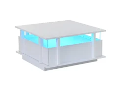 Mesa De Centro|ModernLuxe Mesa de centro quadrada brilhante 70x70x35 cm - con 2 gavetas - iluminação LED e prateleira de acrílico - painéis de partículas - Branco