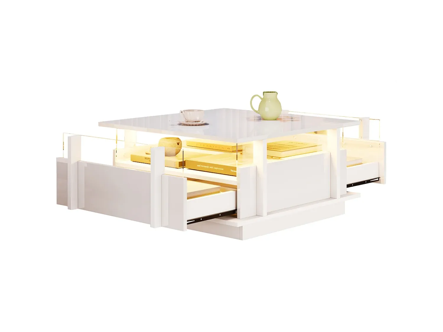 Mesa De Centro|ModernLuxe Mesa de centro quadrada brilhante 70x70x35 cm - con 2 gavetas - iluminação LED e prateleira de acrílico - painéis de partículas - Branco