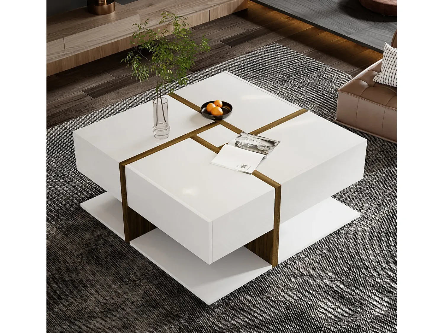 Mesa De Centro|Merax Mesa de centro quadrada com 4 gavetas - 78 x 78 x 34,8 cm - Aglomerado - brilhante Branco