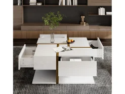 Mesa De Centro|Merax Mesa de centro quadrada com 4 gavetas - 78 x 78 x 34,8 cm - Aglomerado - brilhante Branco