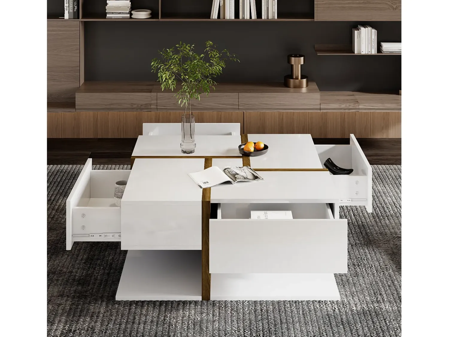 Mesa De Centro|Merax Mesa de centro quadrada com 4 gavetas - 78 x 78 x 34,8 cm - Aglomerado - brilhante Branco