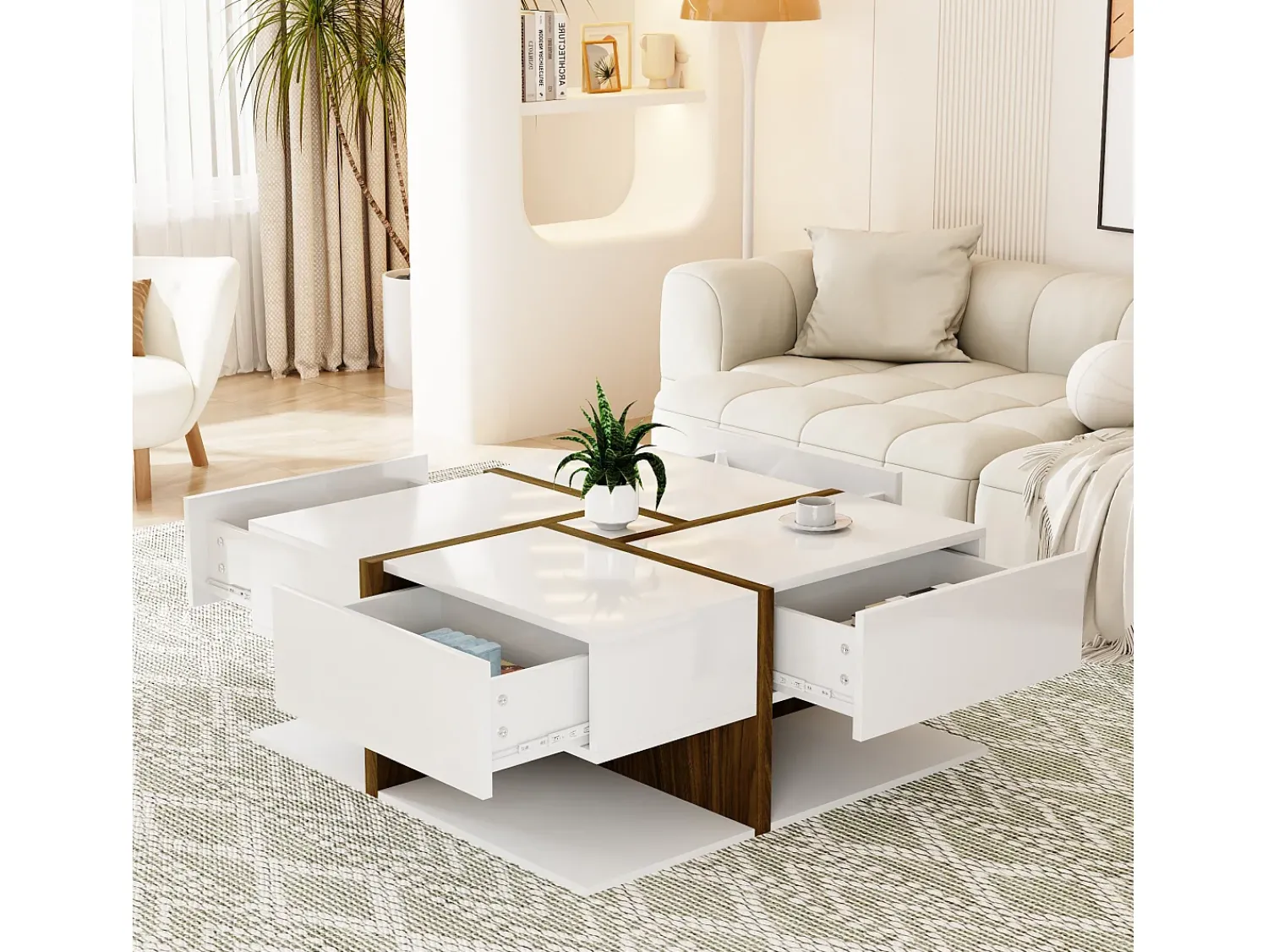 Mesa De Centro|Merax Mesa de centro quadrada com 4 gavetas - 78 x 78 x 34,8 cm - Aglomerado - brilhante Branco