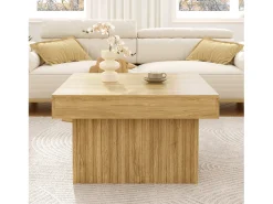 Mesa De Centro* Mesa de centro quadrada com design de listras gravadas - para sala de estar - Cor da madeira - 79 x 79 x 46 cm Natural claro