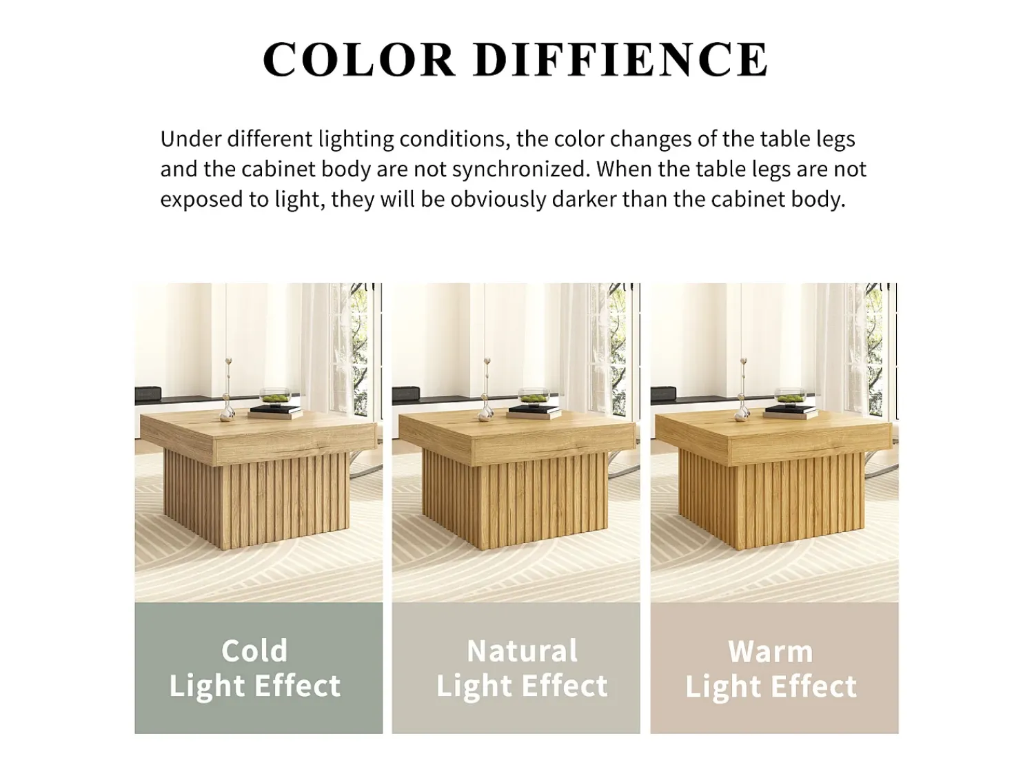Mesa De Centro* Mesa de centro quadrada com design de listras gravadas - para sala de estar - Cor da madeira - 79 x 79 x 46 cm Natural claro