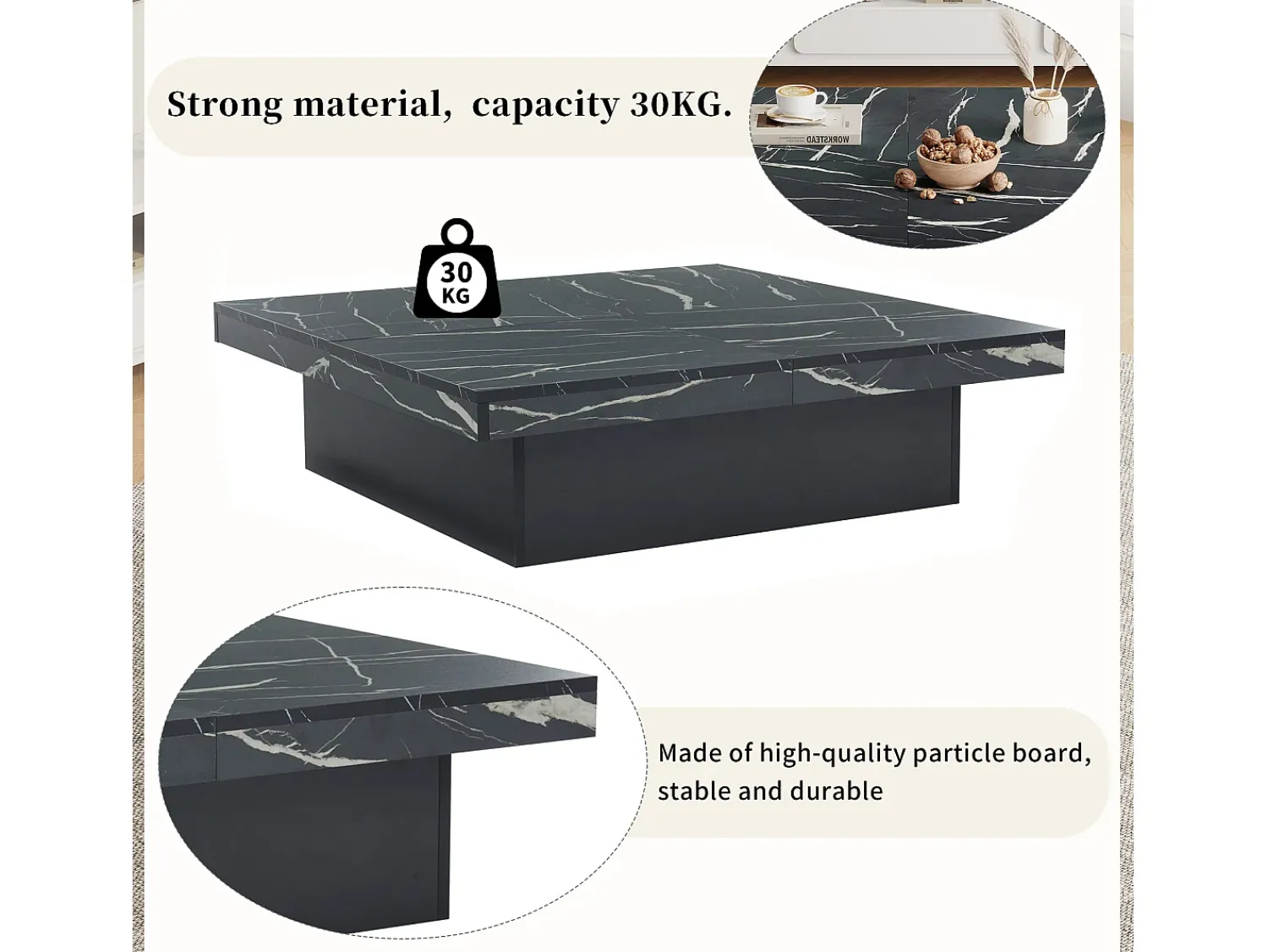 Mesa de centro quadrada, com efeito mármore, tampo deslizante e gavetas, para sala de estar, 90 x 90 x 25 cm, preta.^ Mesa De Centro