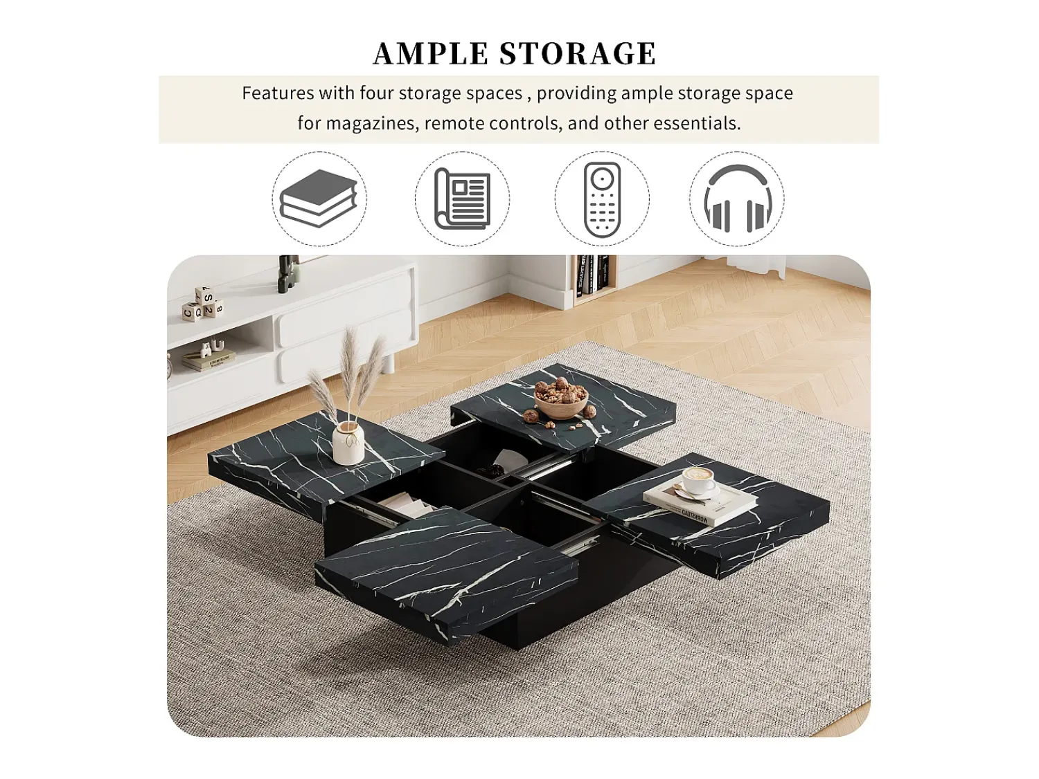 Mesa de centro quadrada, com efeito mármore, tampo deslizante e gavetas, para sala de estar, 90 x 90 x 25 cm, preta.^ Mesa De Centro