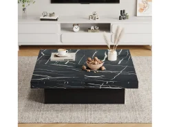 Mesa de centro quadrada, com efeito mármore, tampo deslizante e gavetas, para sala de estar, 90 x 90 x 25 cm, preta.^ Mesa De Centro