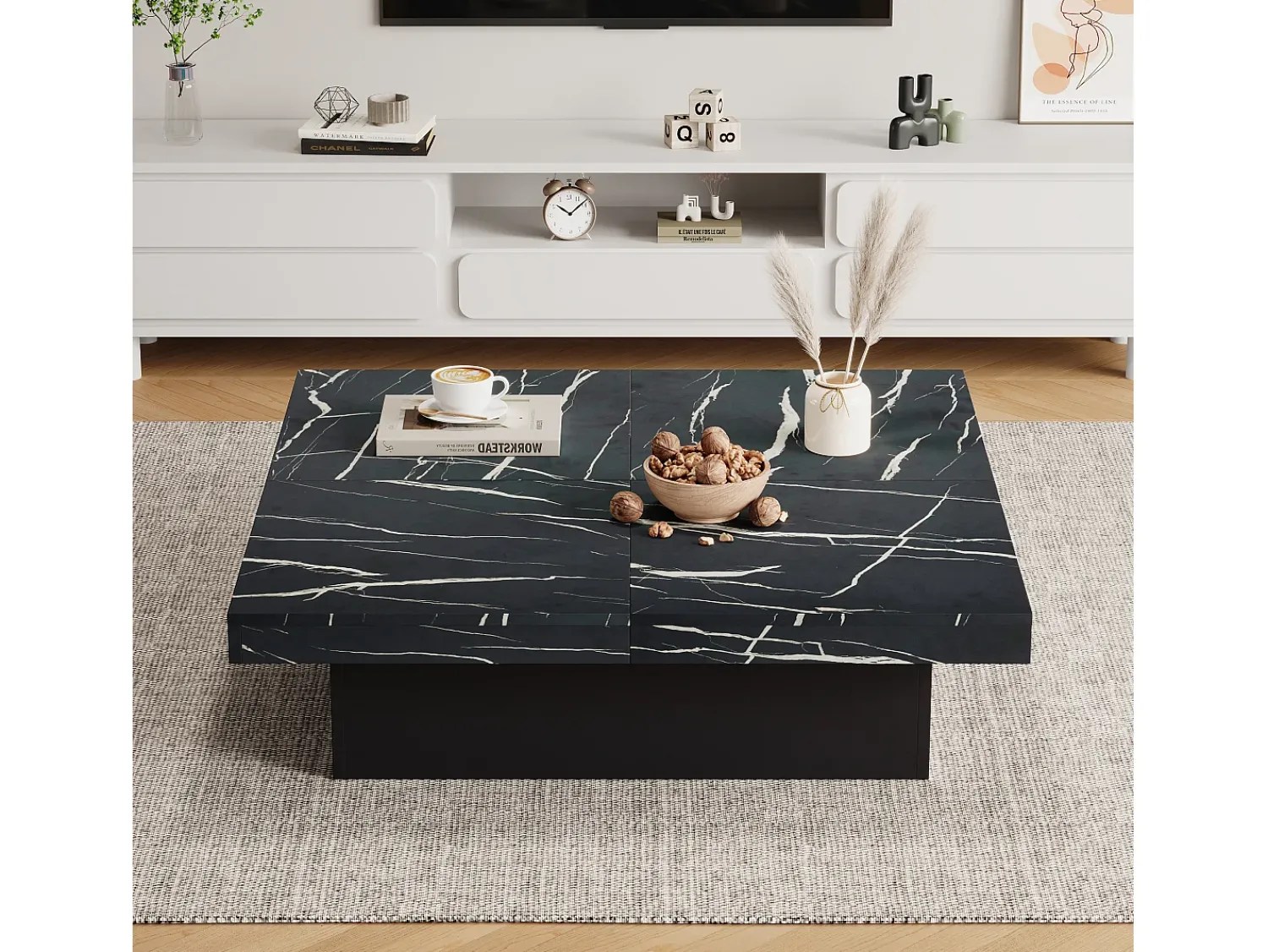Mesa de centro quadrada, com efeito mármore, tampo deslizante e gavetas, para sala de estar, 90 x 90 x 25 cm, preta.^ Mesa De Centro