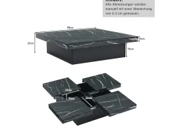 Mesa de centro quadrada, com efeito mármore, tampo deslizante e gavetas, para sala de estar, 90 x 90 x 25 cm, preta.^ Mesa De Centro