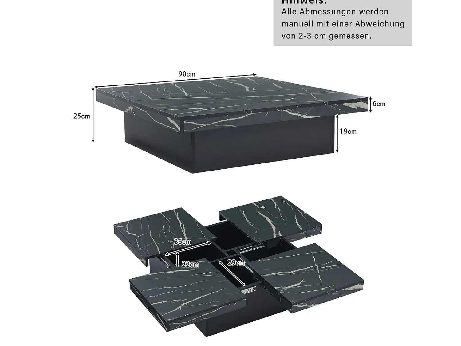 Mesa de centro quadrada, com efeito mármore, tampo deslizante e gavetas, para sala de estar, 90 x 90 x 25 cm, preta.^ Mesa De Centro