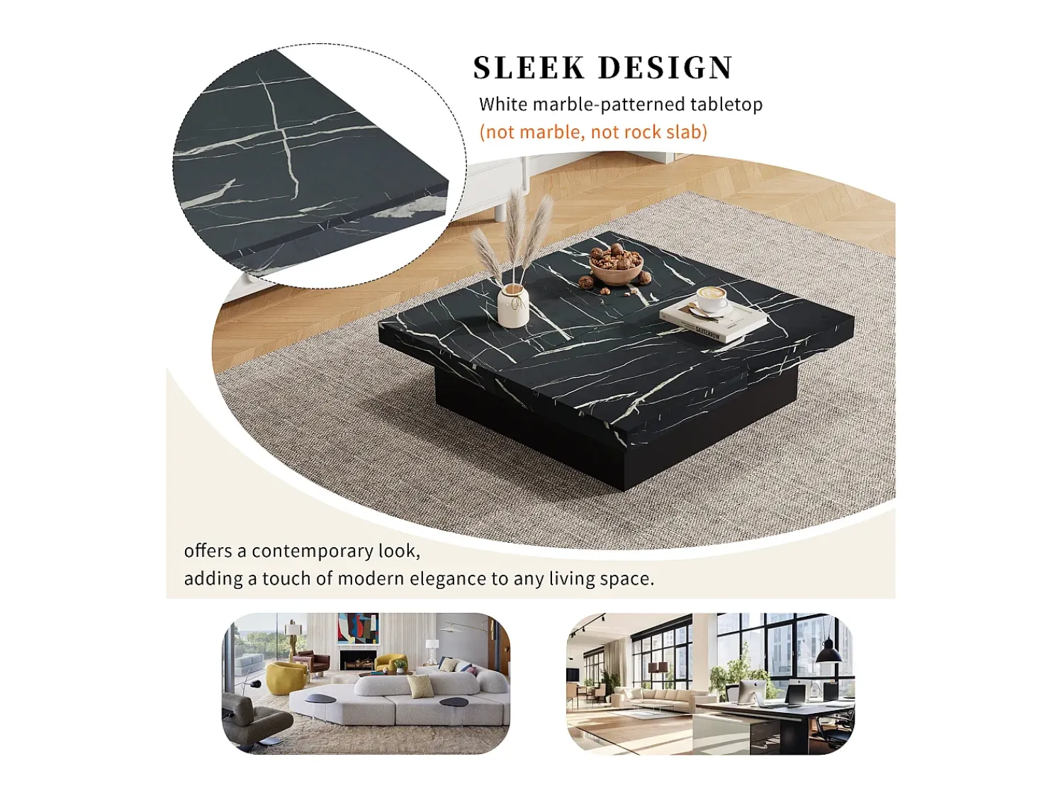 Mesa de centro quadrada, com efeito mármore, tampo deslizante e gavetas, para sala de estar, 90 x 90 x 25 cm, preta.^ Mesa De Centro
