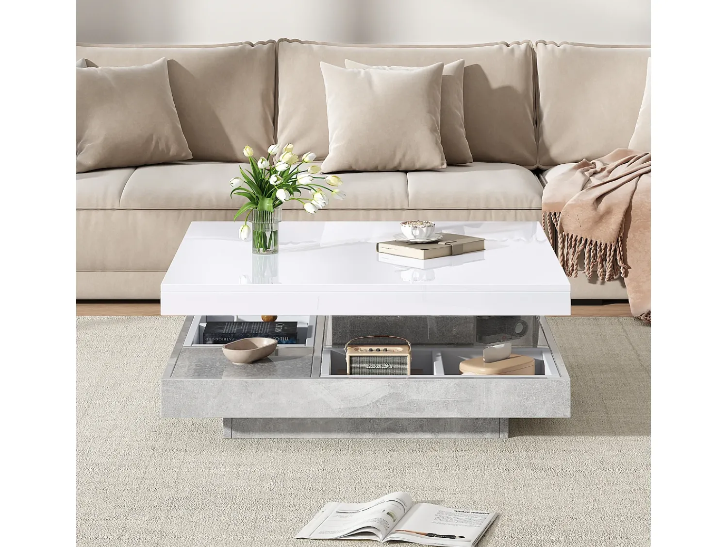 Mesa De Centro*Merax Mesa de centro quadrada com 4 compartimentos e tampo giratório - 70 x 70 x 36 cm - Aglomerado - Branco