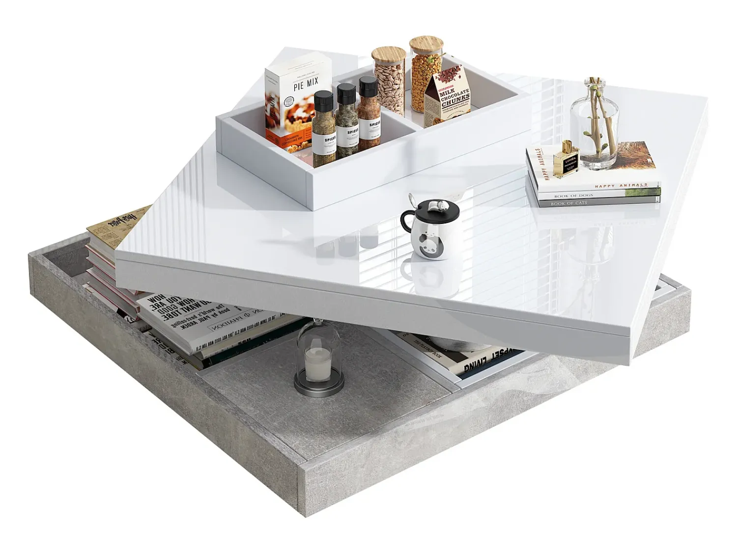 Mesa De Centro*Merax Mesa de centro quadrada com 4 compartimentos e tampo giratório - 70 x 70 x 36 cm - Aglomerado - Branco