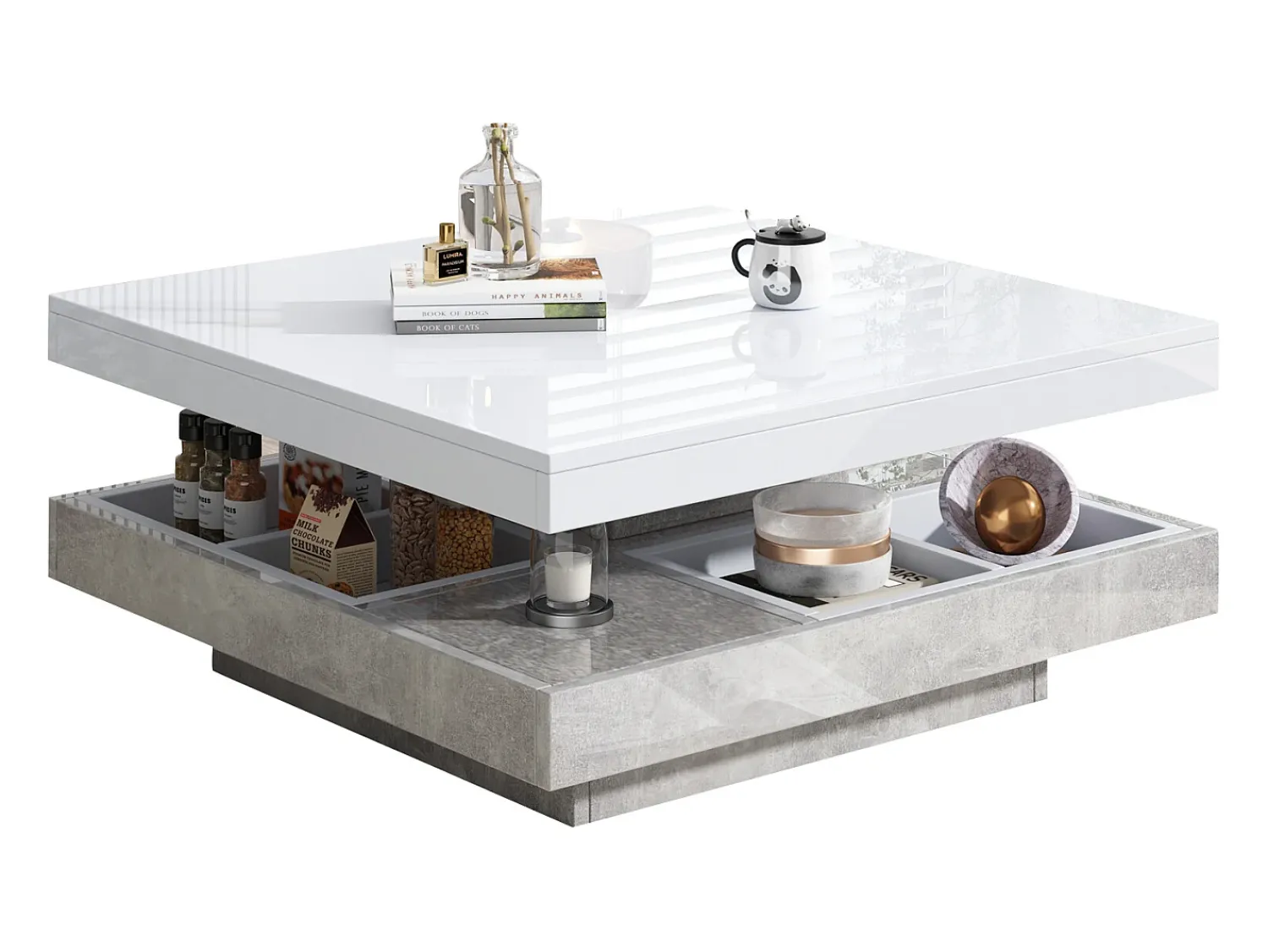 Mesa De Centro*Merax Mesa de centro quadrada com 4 compartimentos e tampo giratório - 70 x 70 x 36 cm - Aglomerado - Branco