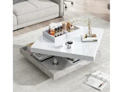 Mesa De Centro*Merax Mesa de centro quadrada com 4 compartimentos e tampo giratório - 70 x 70 x 36 cm - Aglomerado - Branco