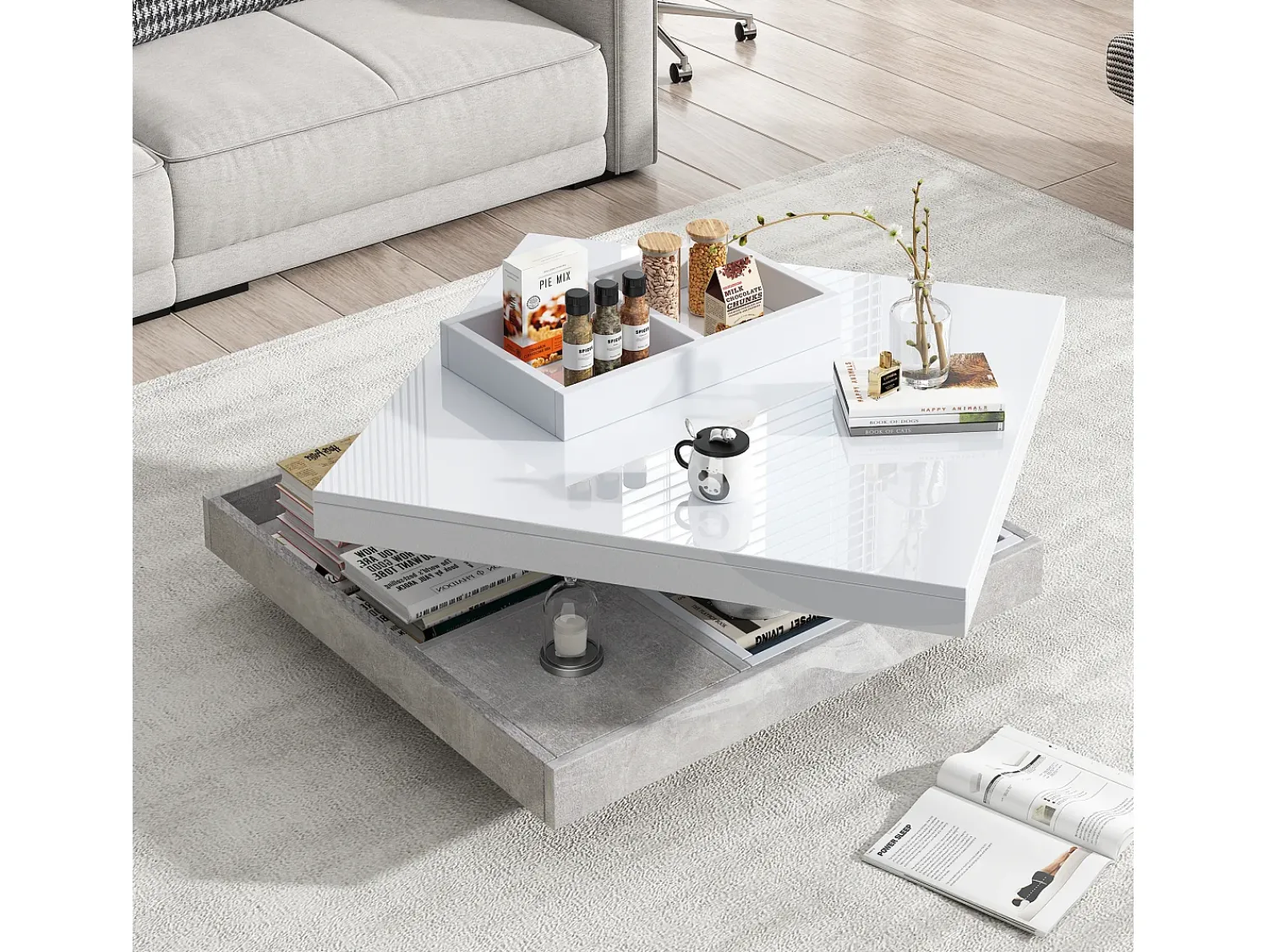 Mesa De Centro*Merax Mesa de centro quadrada com 4 compartimentos e tampo giratório - 70 x 70 x 36 cm - Aglomerado - Branco