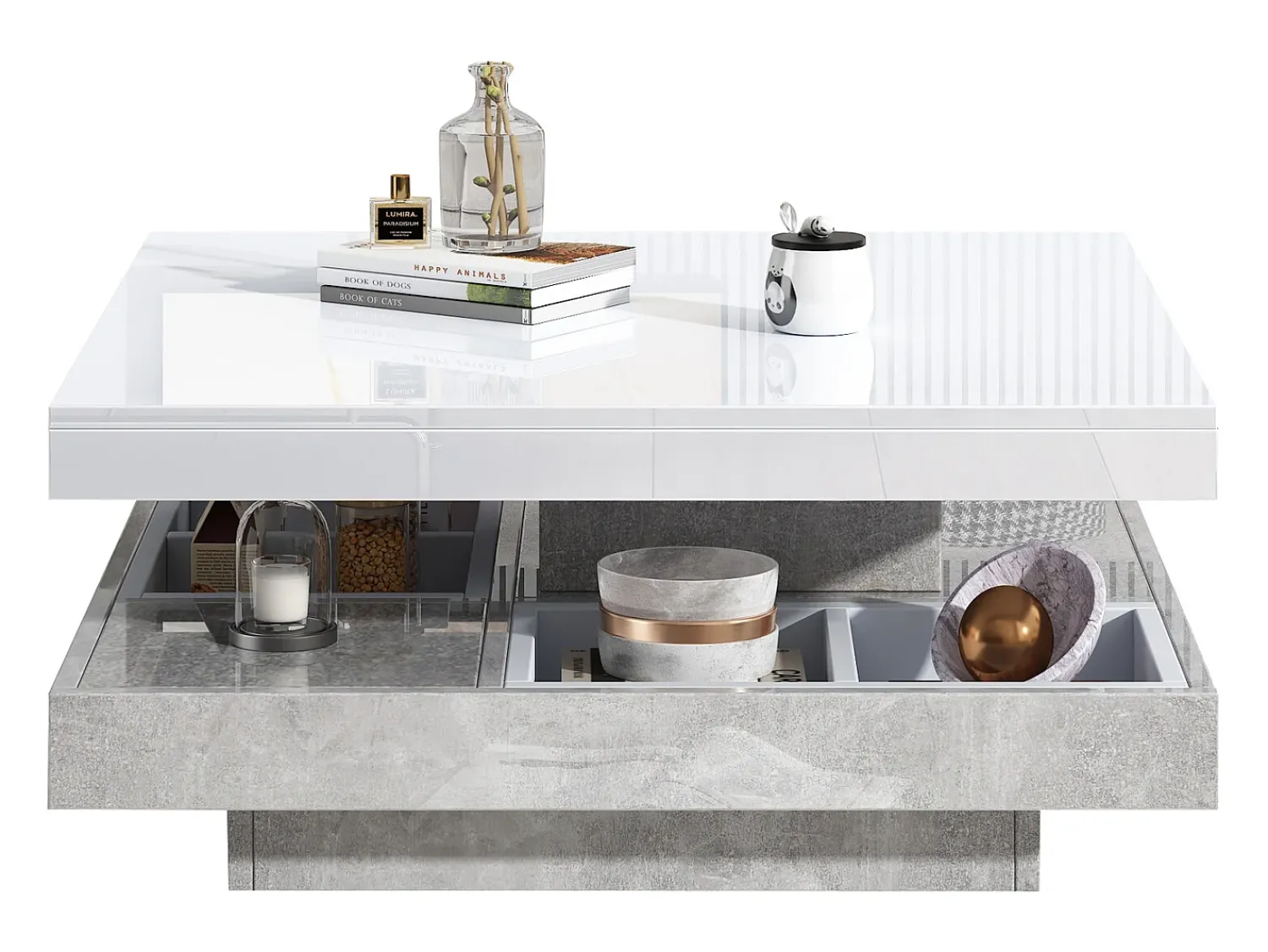 Mesa De Centro*Merax Mesa de centro quadrada com 4 compartimentos e tampo giratório - 70 x 70 x 36 cm - Aglomerado - Branco