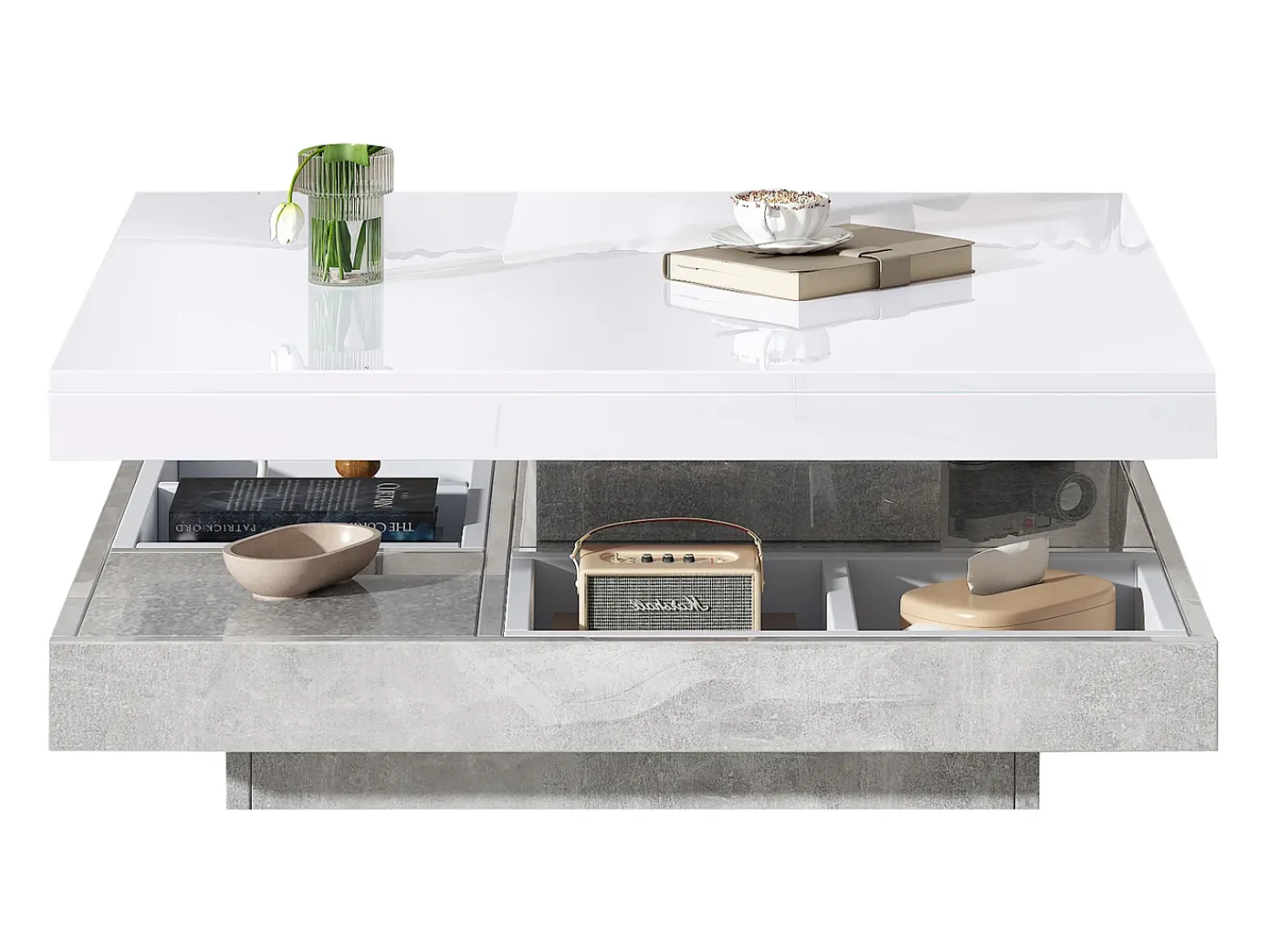 Mesa De Centro*Merax Mesa de centro quadrada com 4 compartimentos e tampo giratório - 70 x 70 x 36 cm - Aglomerado - Branco