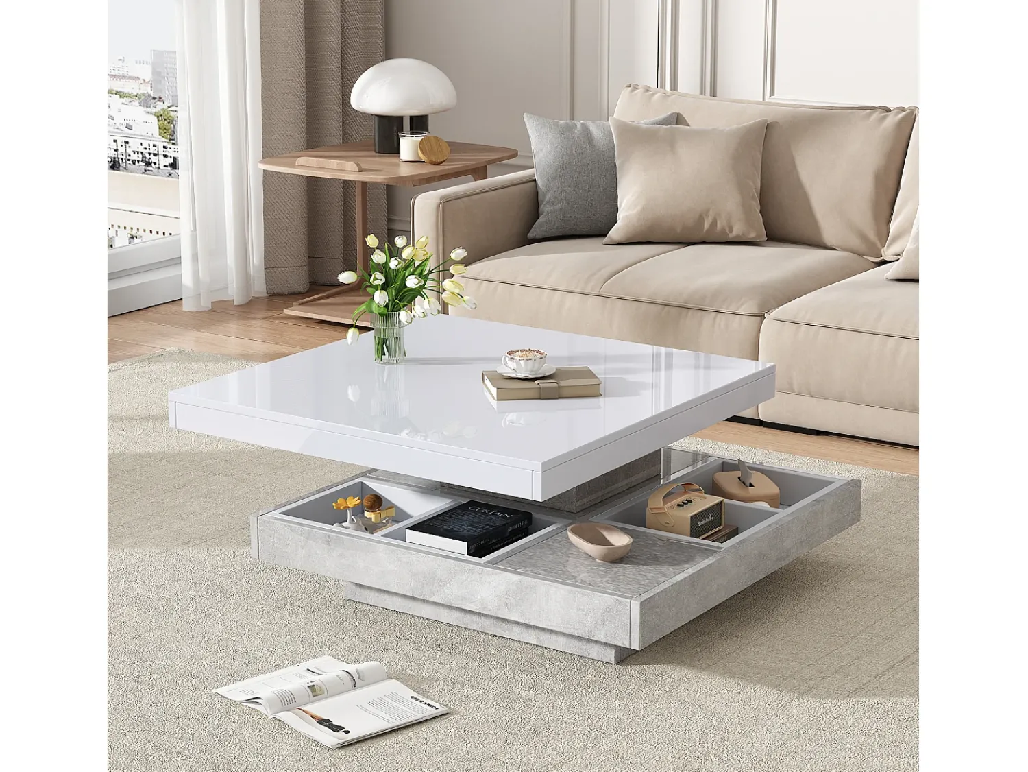 Mesa De Centro*Merax Mesa de centro quadrada com 4 compartimentos e tampo giratório - 70 x 70 x 36 cm - Aglomerado - Branco